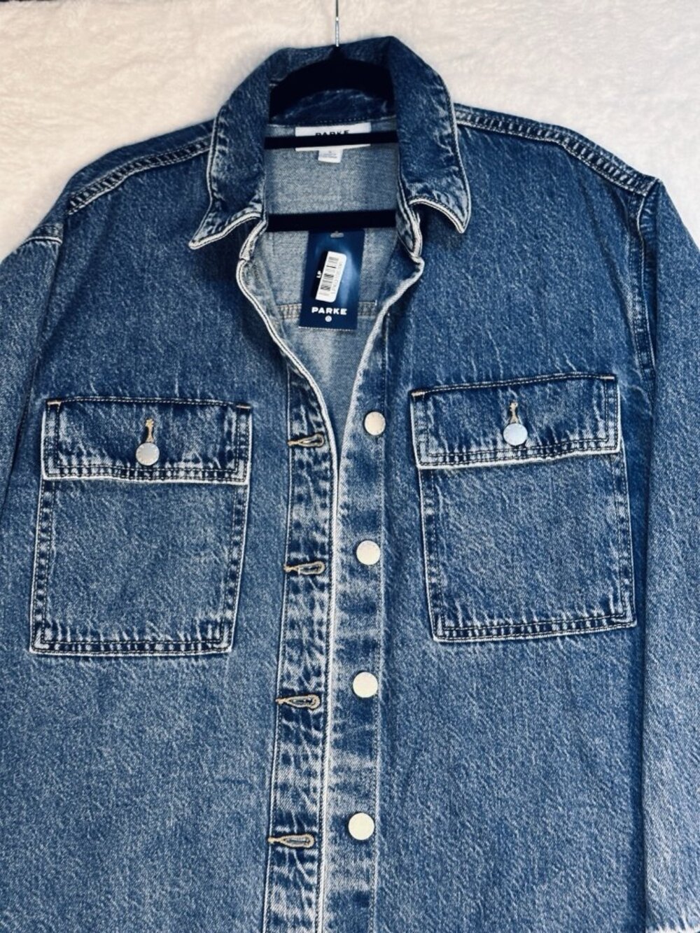 Parke Target Denim Shacket Shirt Jacket Dark Wash Oversized Button Front Small - Picture 9 of 16